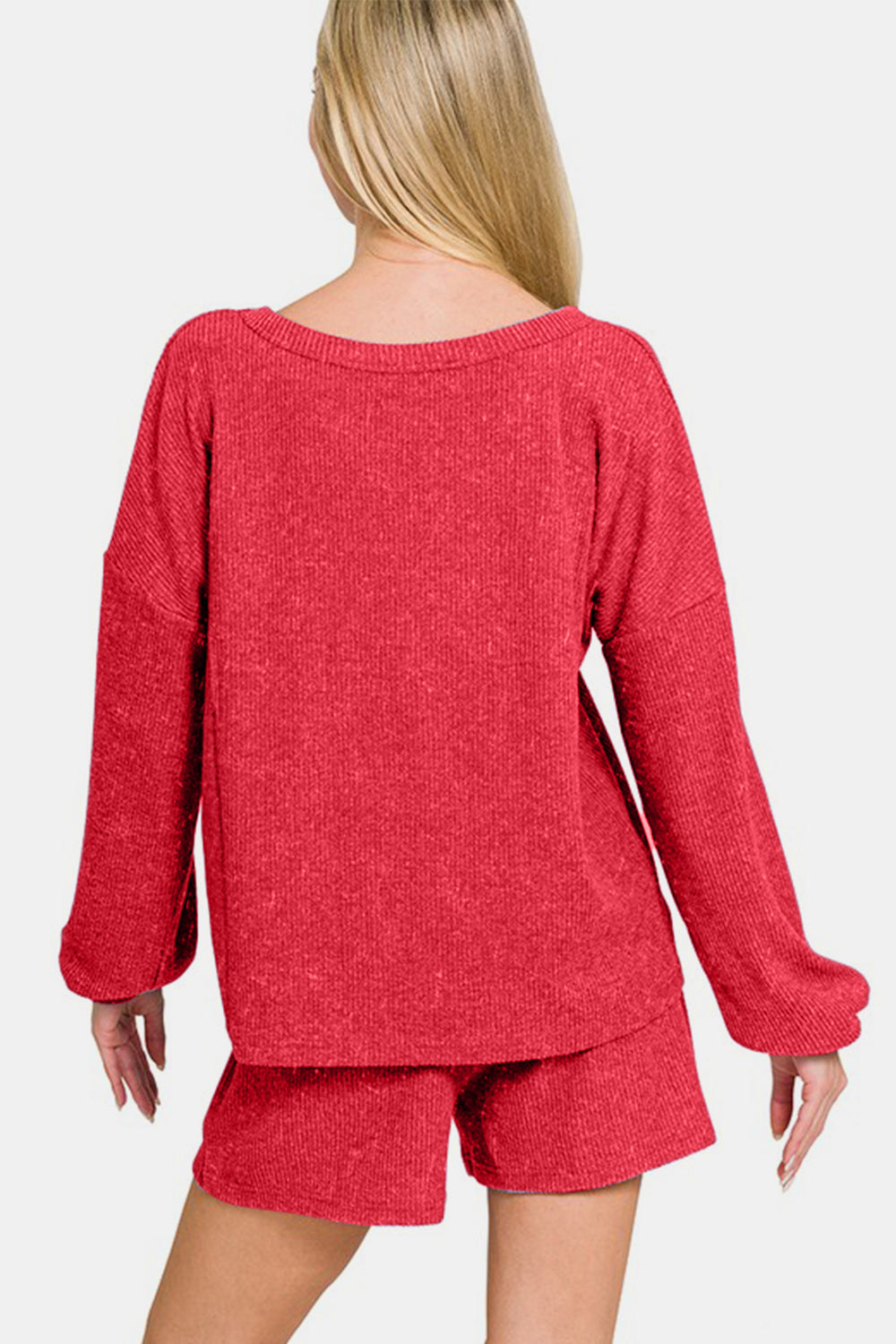 Zenana Long Sleeve Ribbed Top and Shorts Set in Deep Red