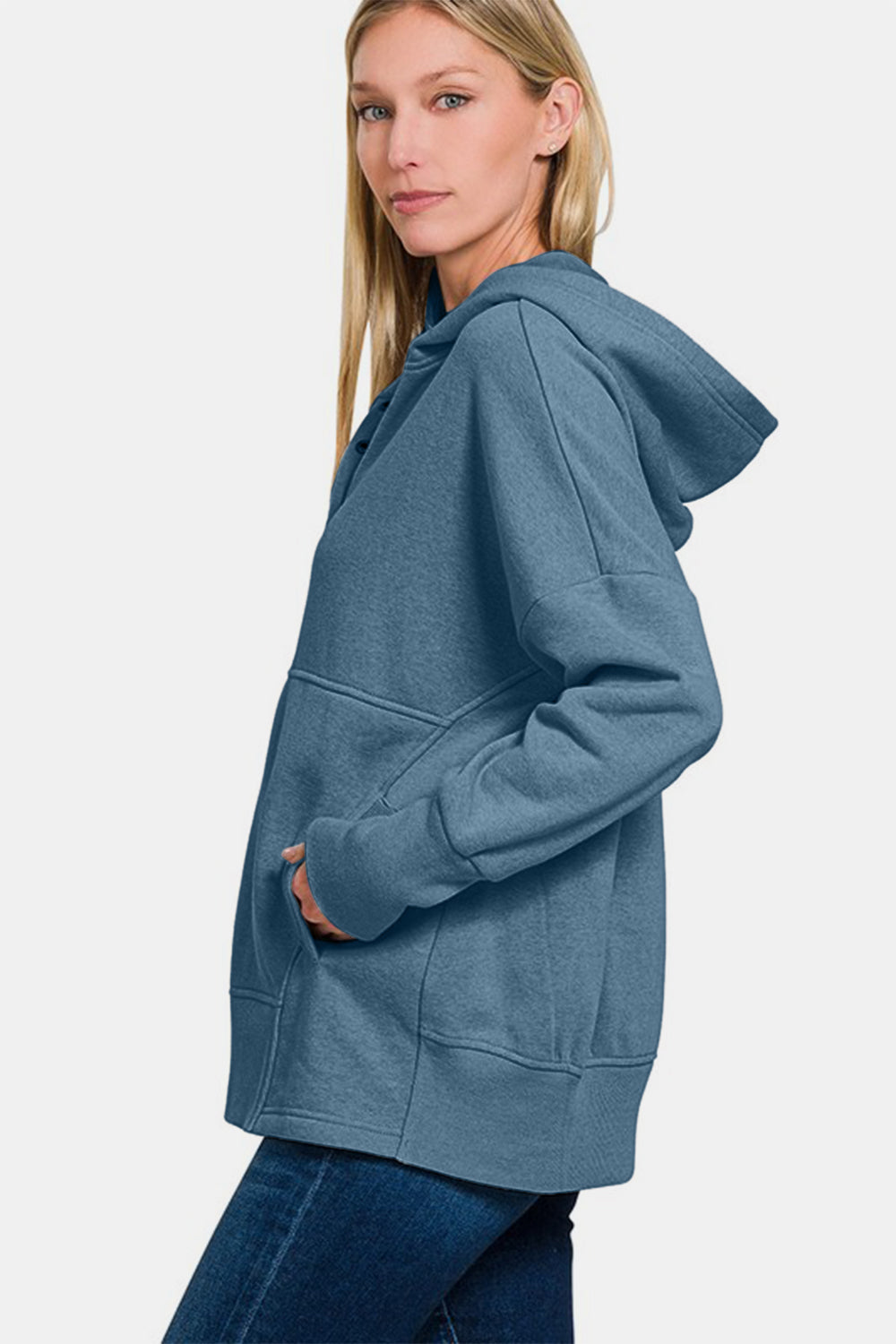 Zenana Half Snap Hoodie in Dusty Blue