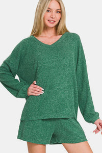 Zenana Long Sleeve Ribbed Top and Shorts Set in Dark Green