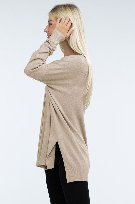 Zenana Hi-Low Hem Front Seam Sweater