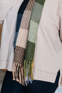 Keep Me Cozy Checkered Fringe Scarf in Woodland Shades