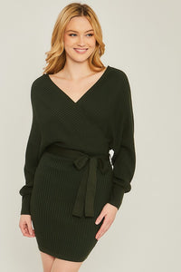 Belted Ribbed Knit Sweater Dress