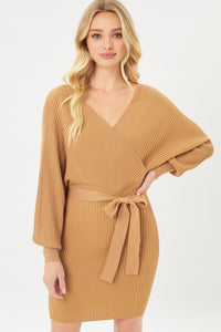 Belted Ribbed Knit Sweater Dress