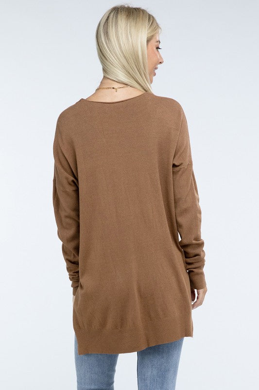 Zenana Hi-Low Hem Front Seam Sweater