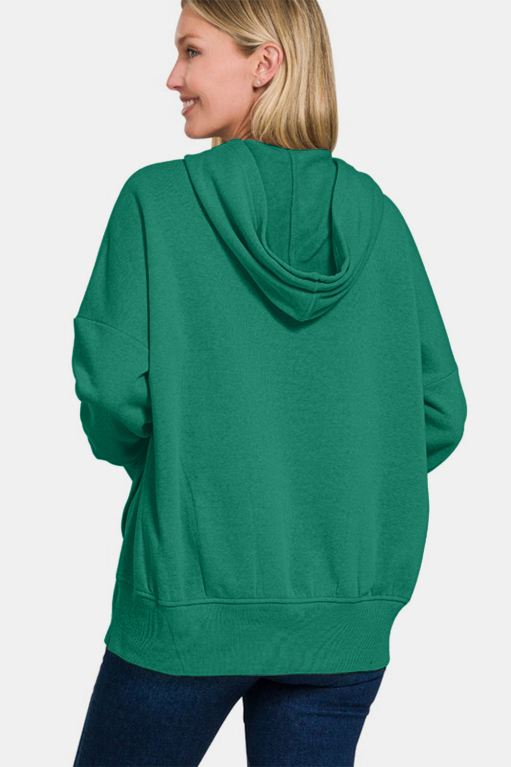 Zenana Half Snap Hoodie in Dark Green