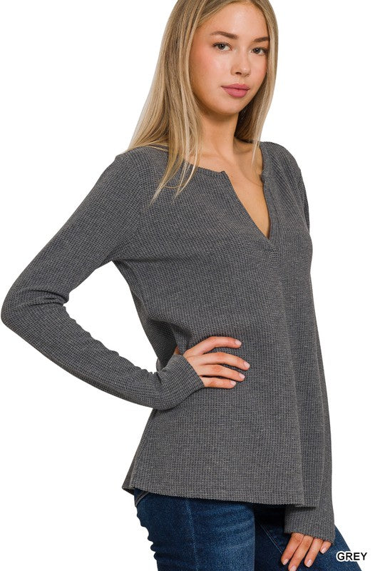 Melange Waffle V-Neck Long Sleeve Top
