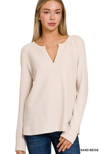 Melange Waffle V-Neck Long Sleeve Top