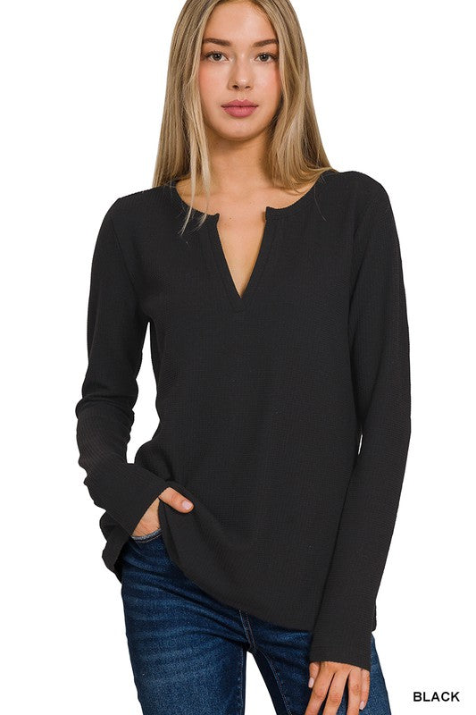 Melange Waffle V-Neck Long Sleeve Top