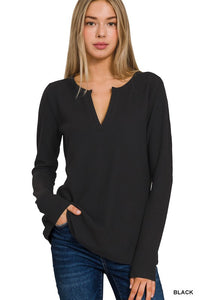 Melange Waffle V-Neck Long Sleeve Top