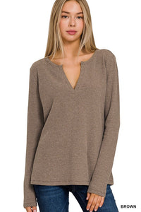 Melange Waffle V-Neck Long Sleeve Top