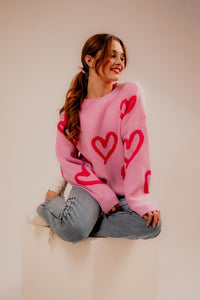 Pink & Red Heart Print Sweater