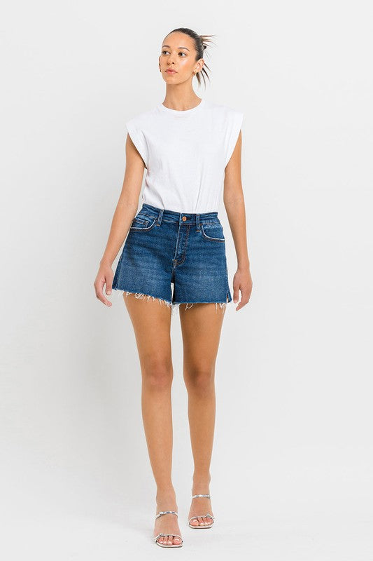 High Rise Slit Raw Hem A-Line Shorts