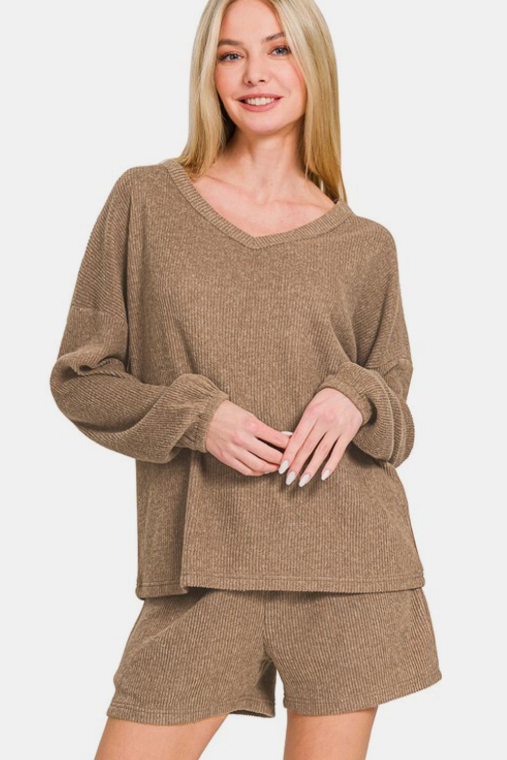 Zenana Long Sleeve Ribbed Top and Shorts Set in Camel