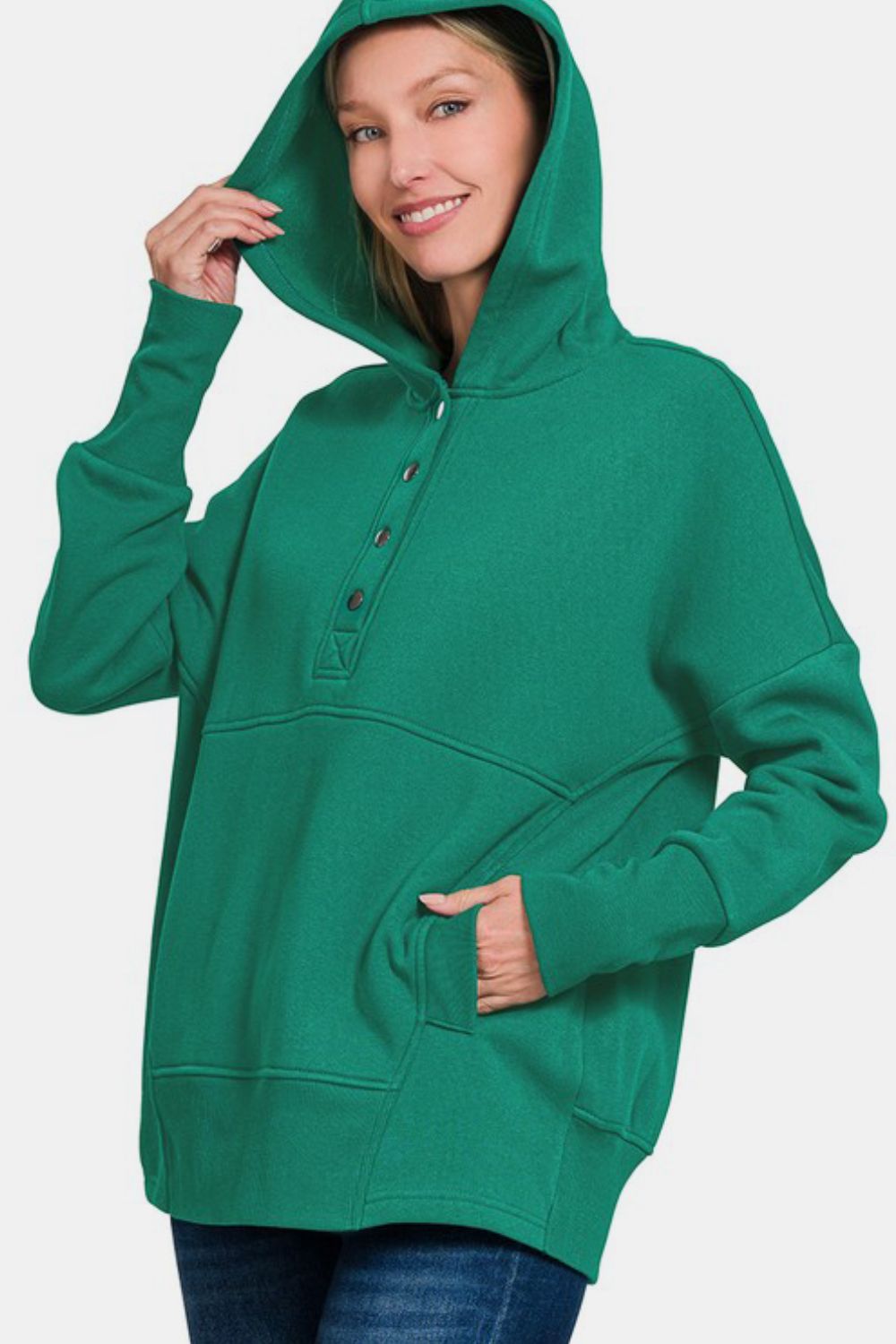 Zenana Half Snap Hoodie in Dark Green