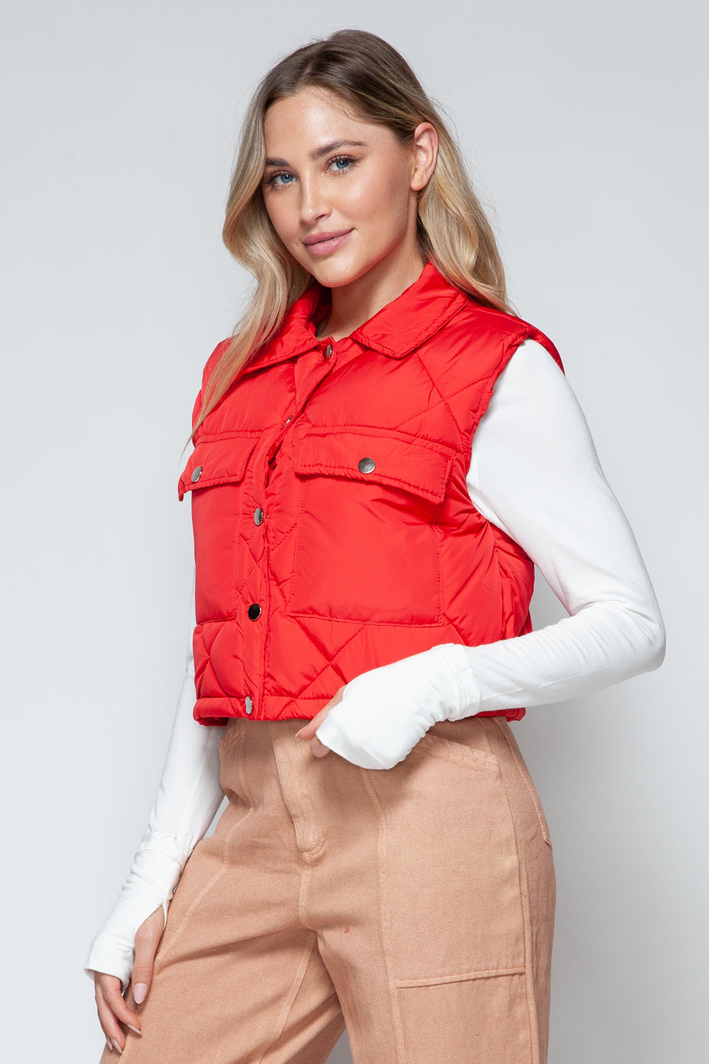 Snobbish Snap Down Quilted Crop Vest in Red