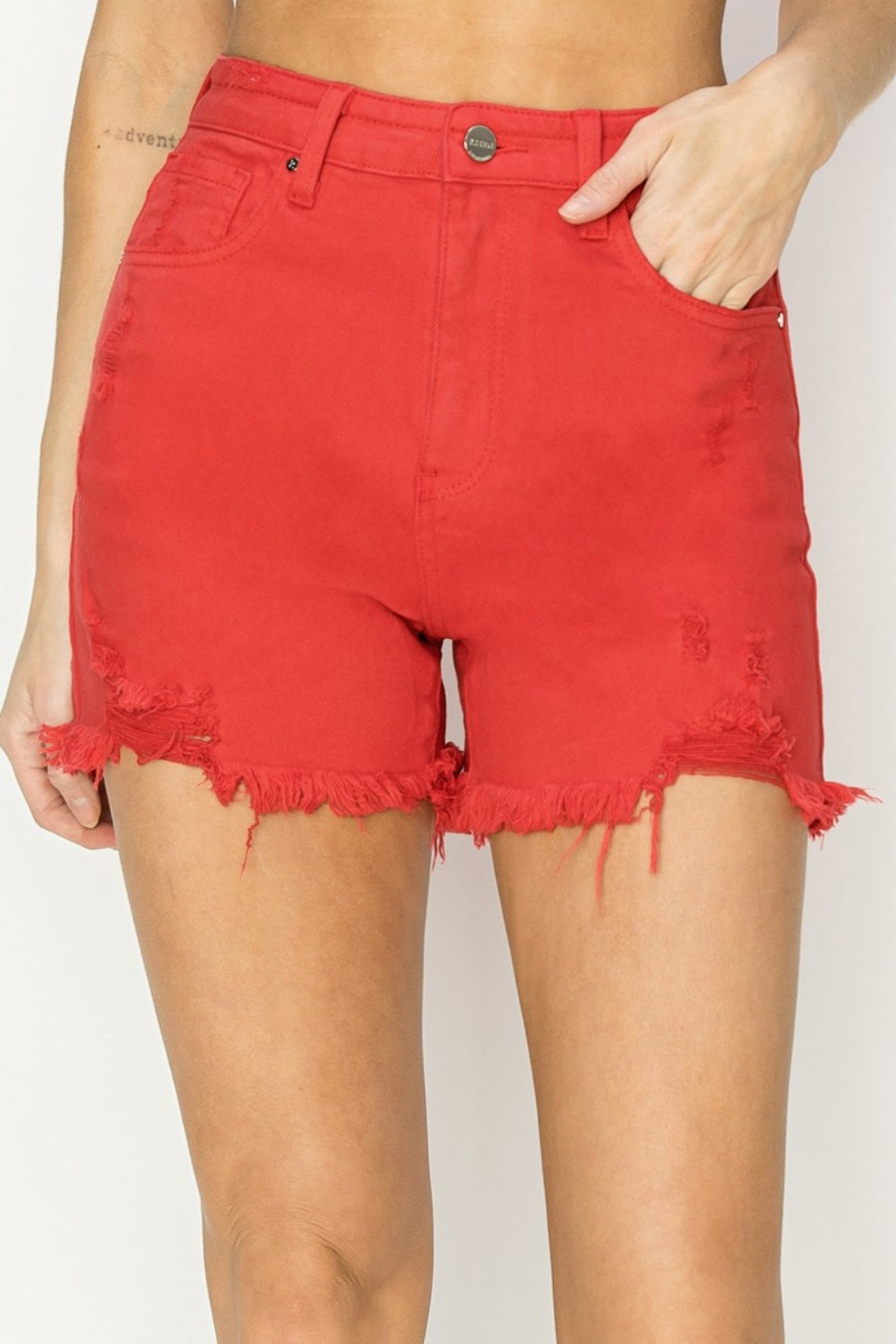 Risen Red Distressed Denim Shorts