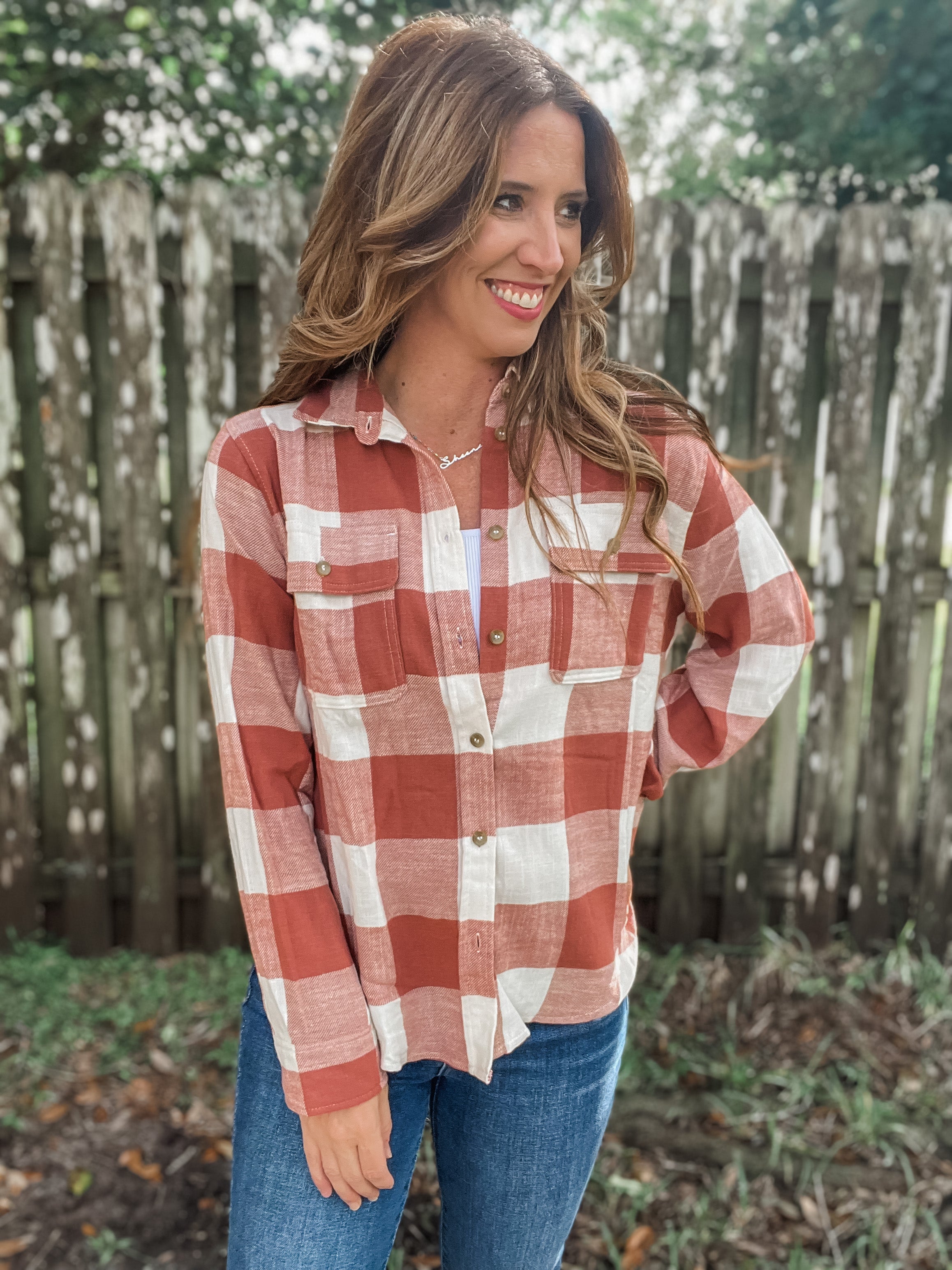 Clay Plaid Button Down Top