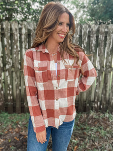 Clay Plaid Button Down Top