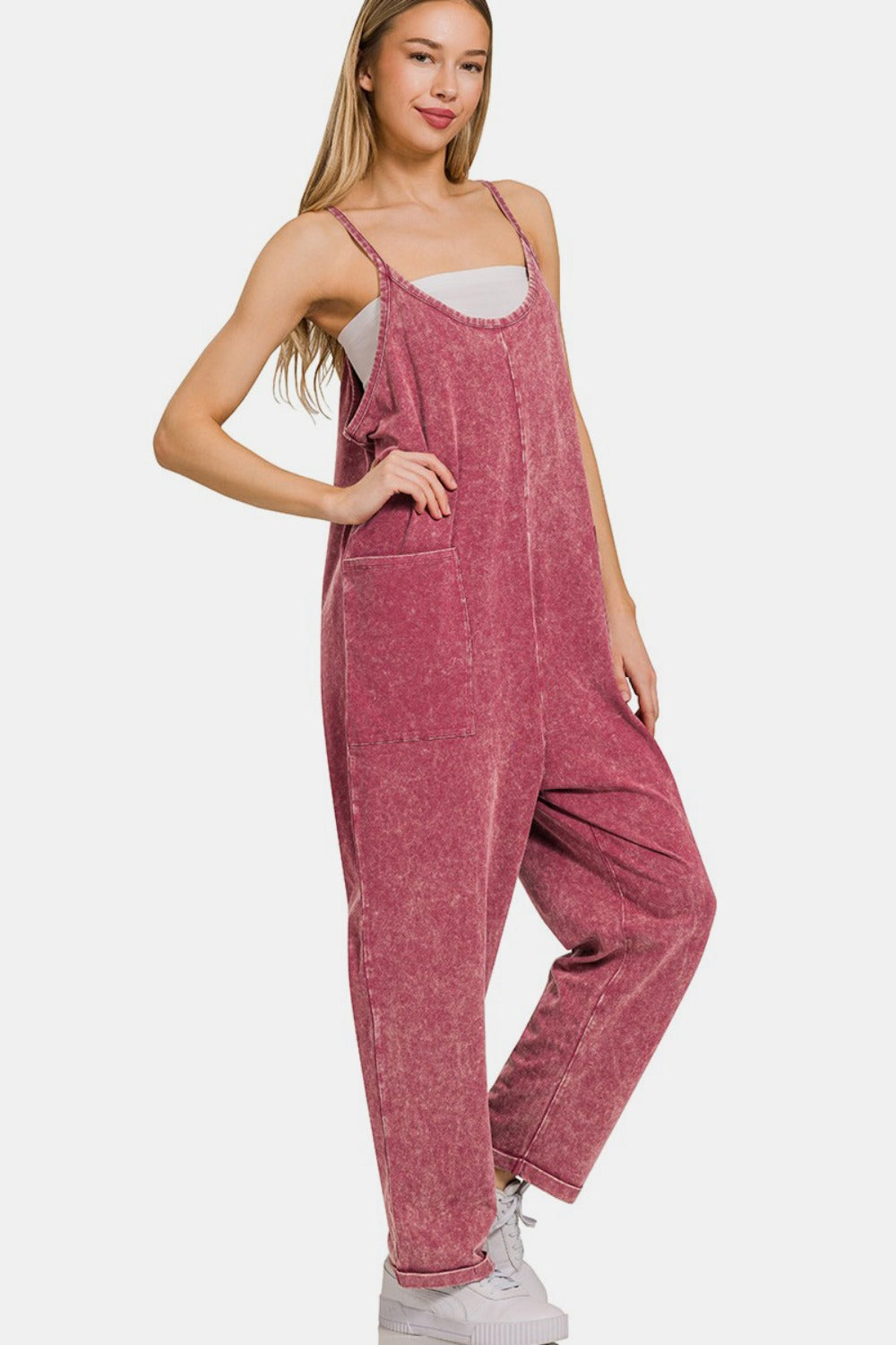 Zenana Washed Overalls in Burgundy