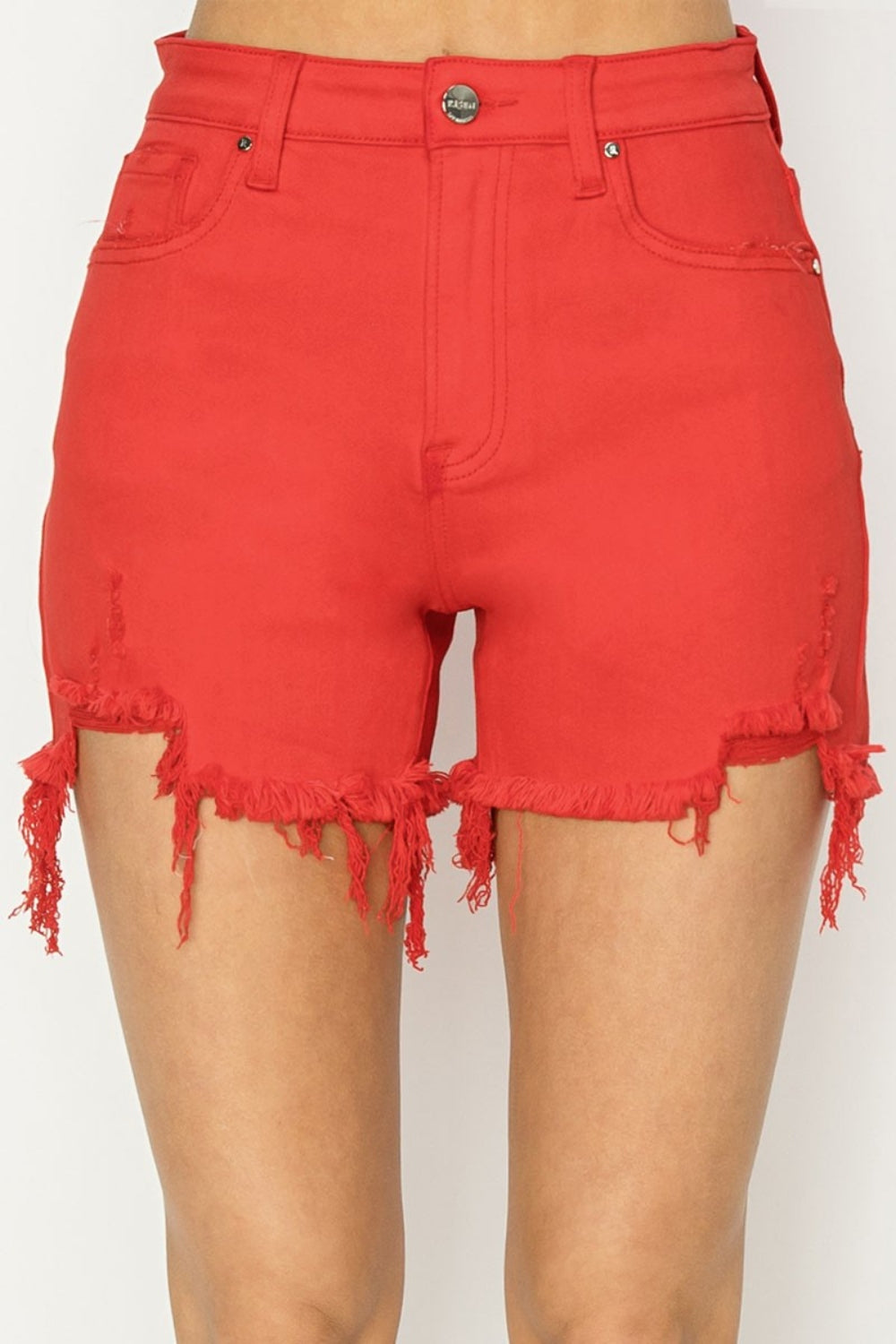 Risen Red Distressed Denim Shorts