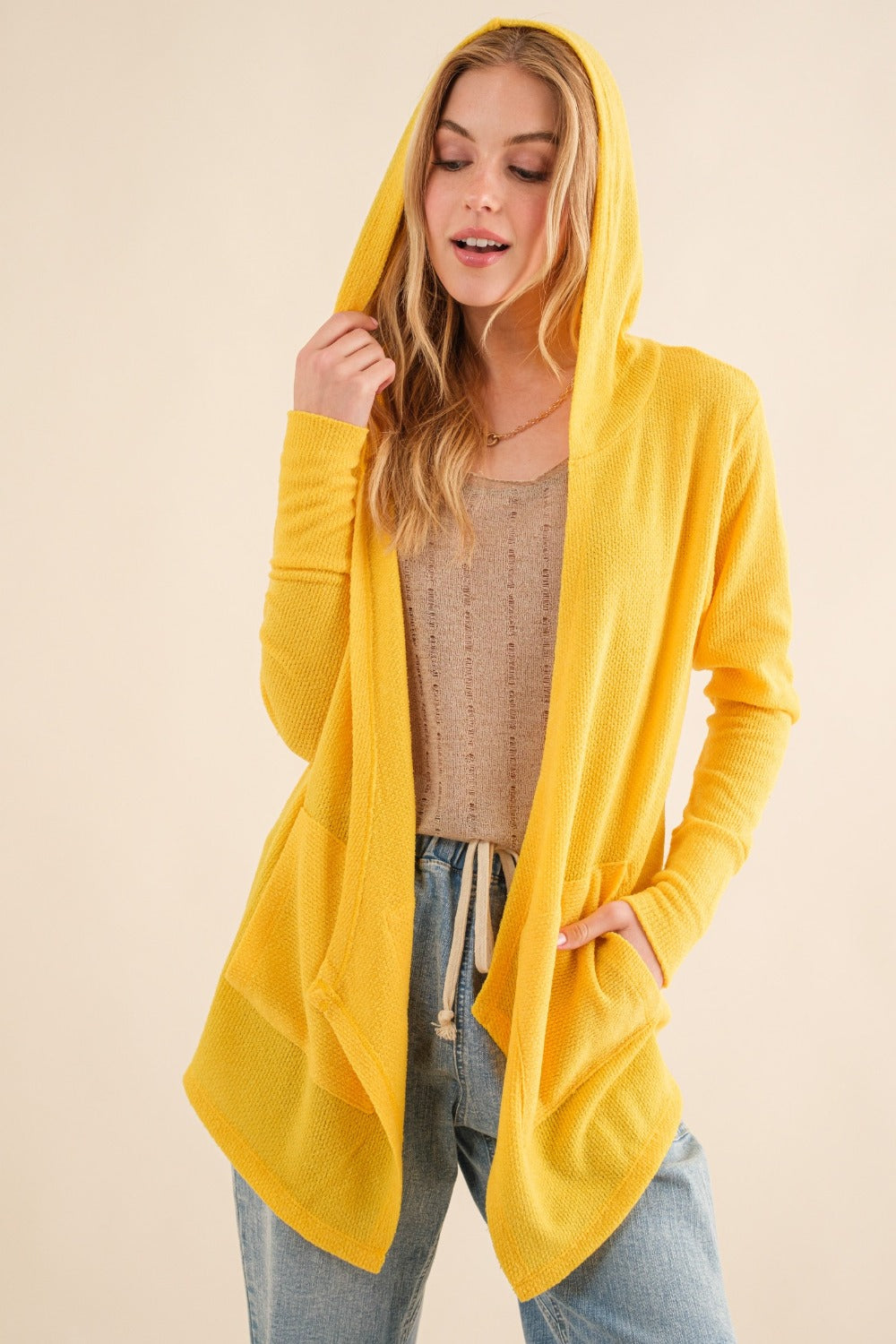 And The Why Thermal Hooded Cardigan in Vivid Yellow