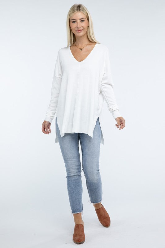 Zenana Hi-Low Hem Front Seam Sweater