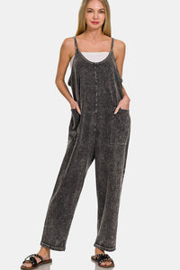 Zenana Washed Overalls in Ash Black