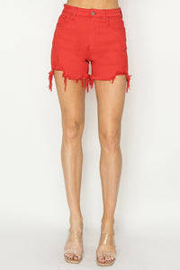 Risen Red Distressed Denim Shorts