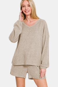 Zenana Long Sleeve Ribbed Top and Shorts Set in Khaki