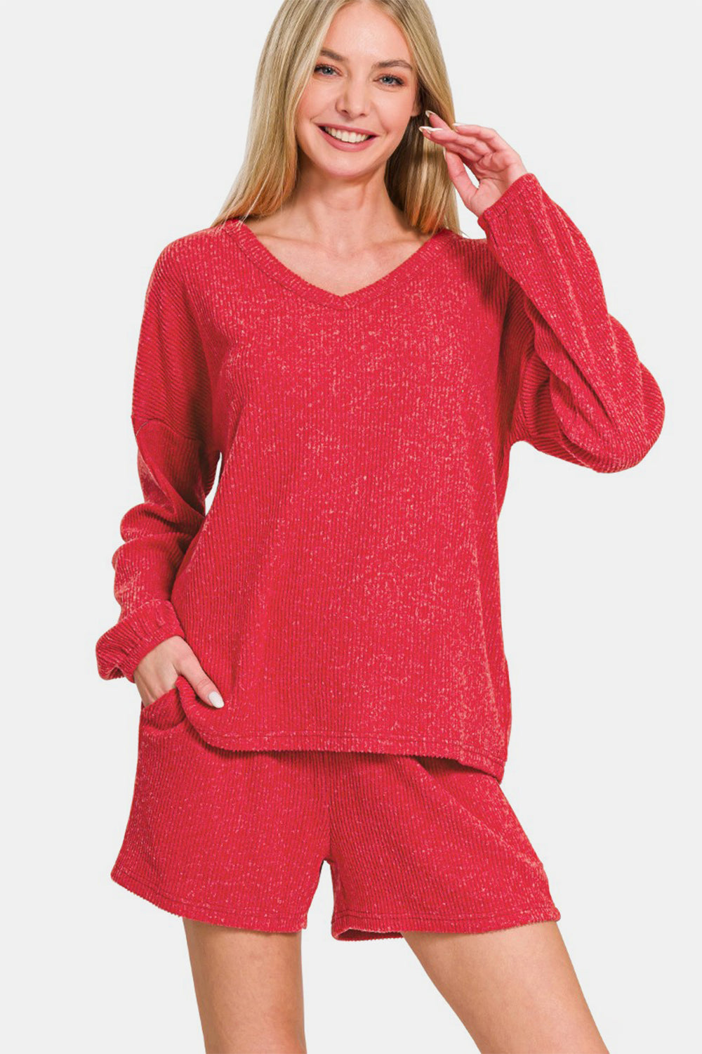 Zenana Long Sleeve Ribbed Top and Shorts Set in Deep Red