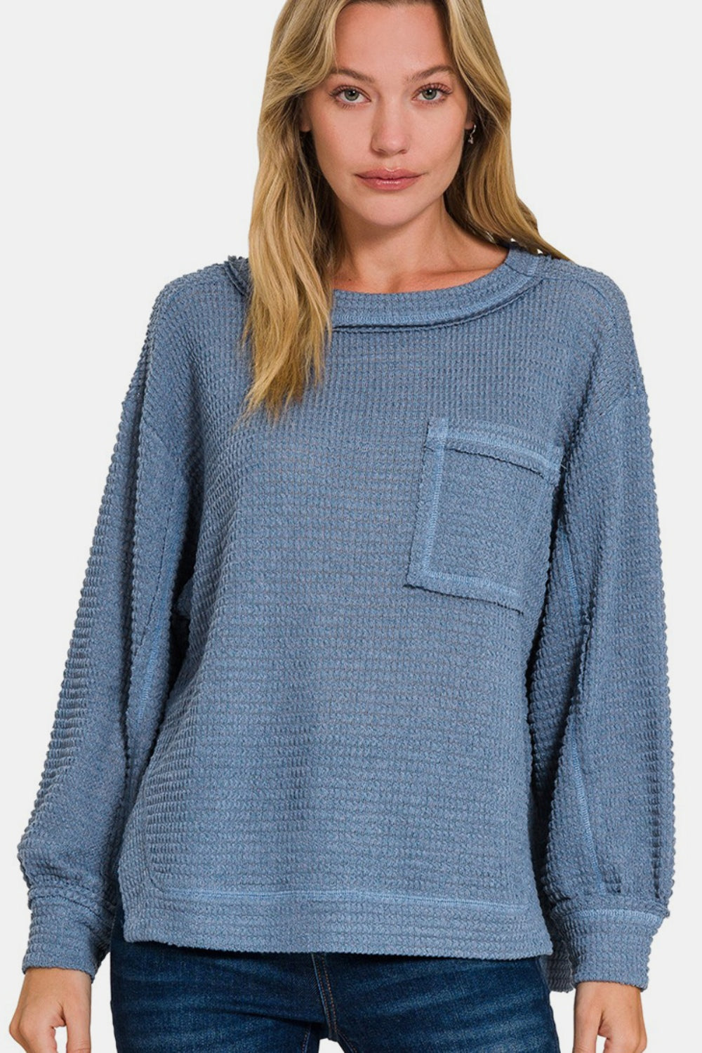 Zenana Stay Cozy Top in Dusty Blue