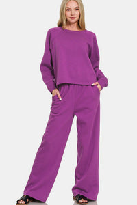 Zenana Raglan Pants Set in Deep Purple