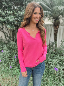 Melange Waffle V-Neck Long Sleeve Top