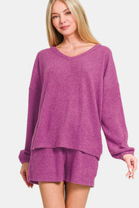 Zenana Long Sleeve Ribbed Top and Shorts Set in Red Violet