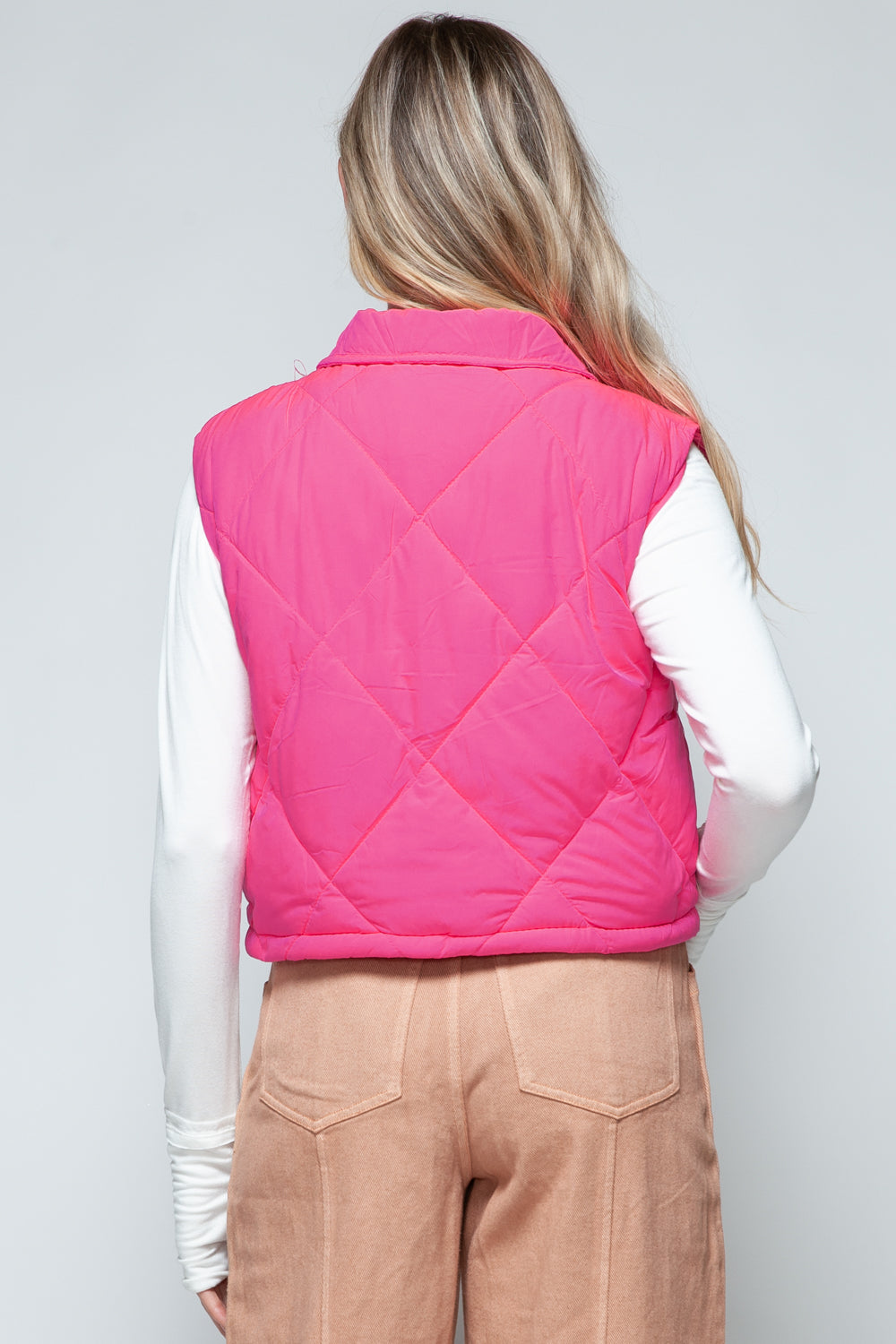 Snobbish Snap Down Quilted Crop Vest in Hot Pink