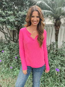 Melange Waffle V-Neck Long Sleeve Top