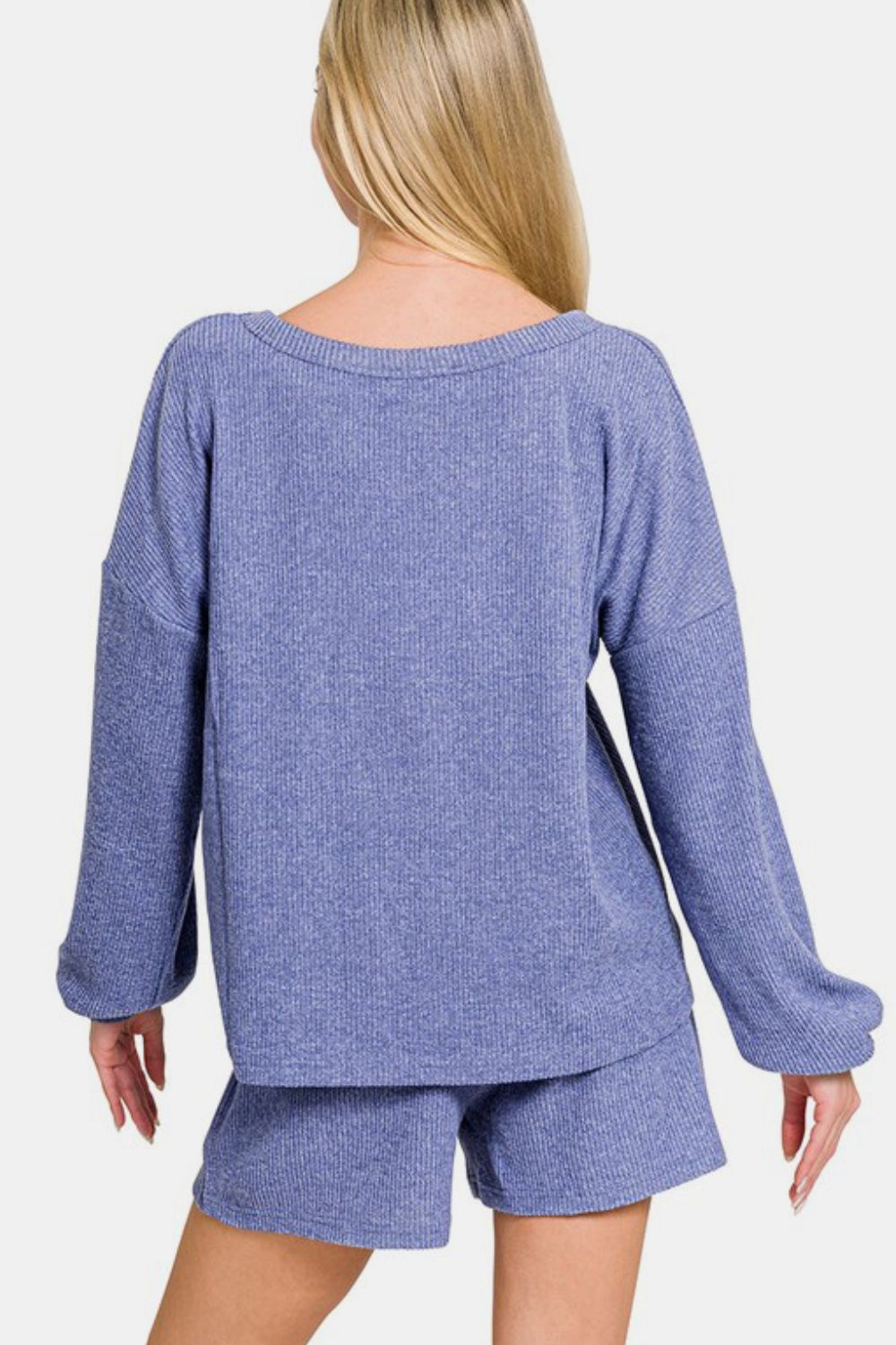 Zenana Long Sleeve Ribbed Top and Shorts Set in Blue Purple