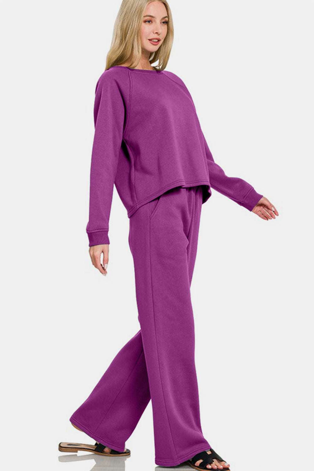 Zenana Raglan Pants Set in Deep Purple