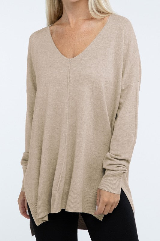 Zenana Hi-Low Hem Front Seam Sweater