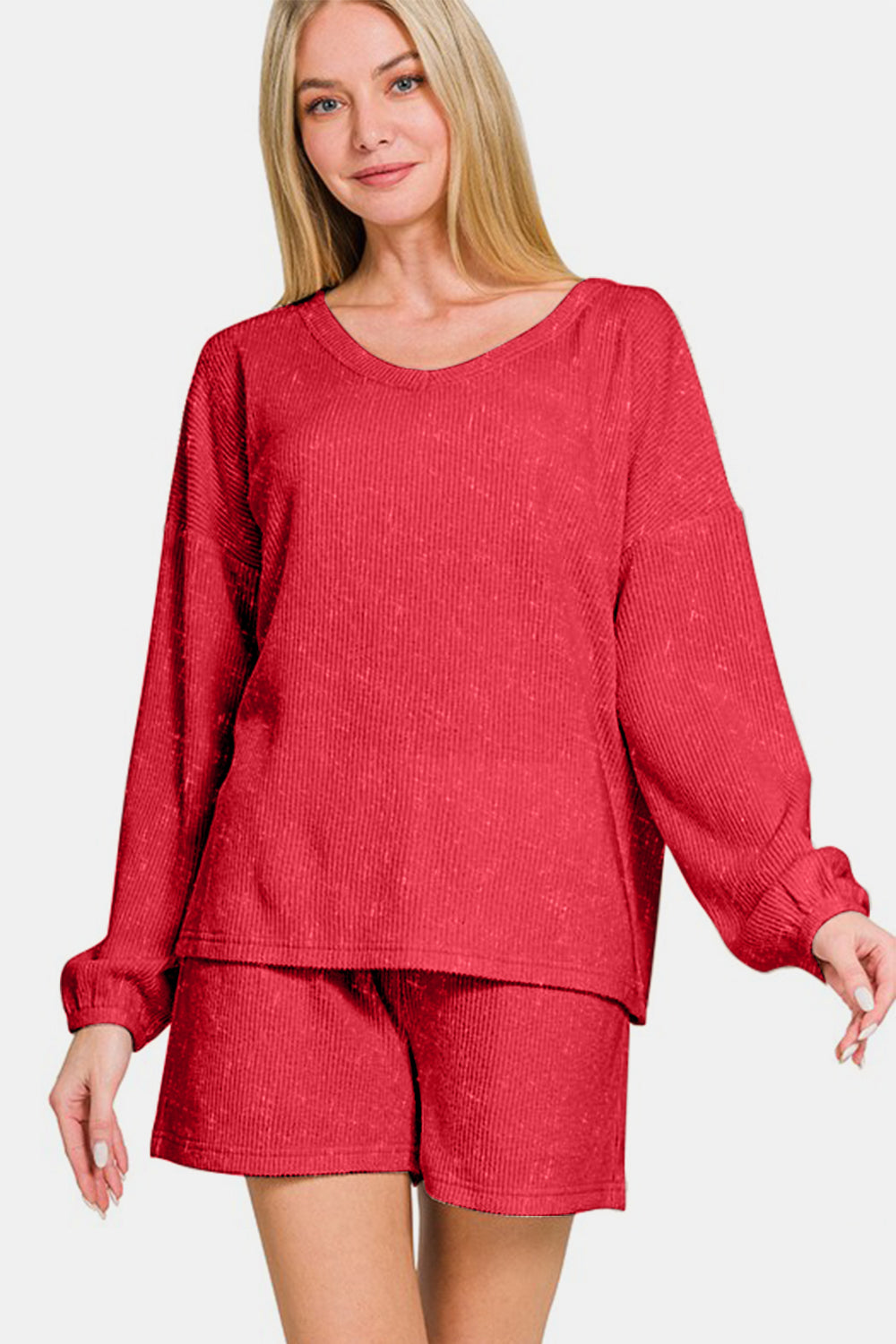 Zenana Long Sleeve Ribbed Top and Shorts Set in Deep Red