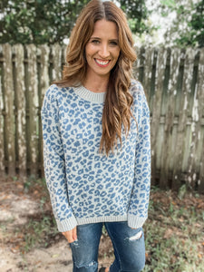 Blue Leopard Pullover Sweater