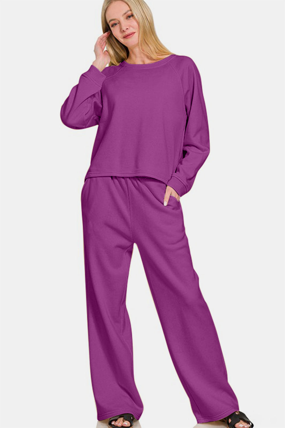 Zenana Raglan Pants Set in Deep Purple