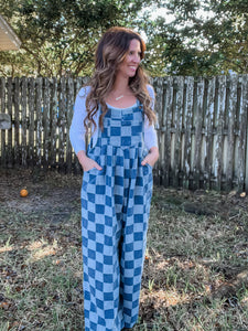 On The Move Wide Leg Checkered Jumpsuit