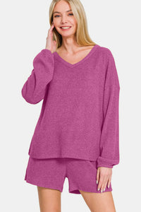 Zenana Long Sleeve Ribbed Top and Shorts Set in Red Violet