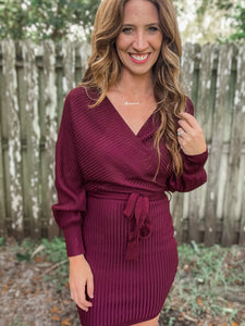 Belted Ribbed Knit Sweater Dress