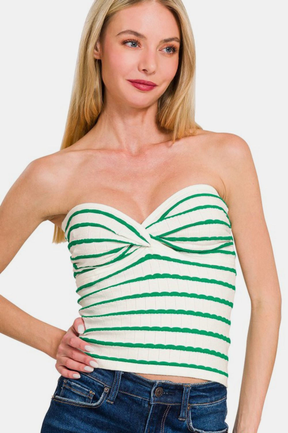 Zenana Twisted Sweetheart Tube Top in Green Stripe