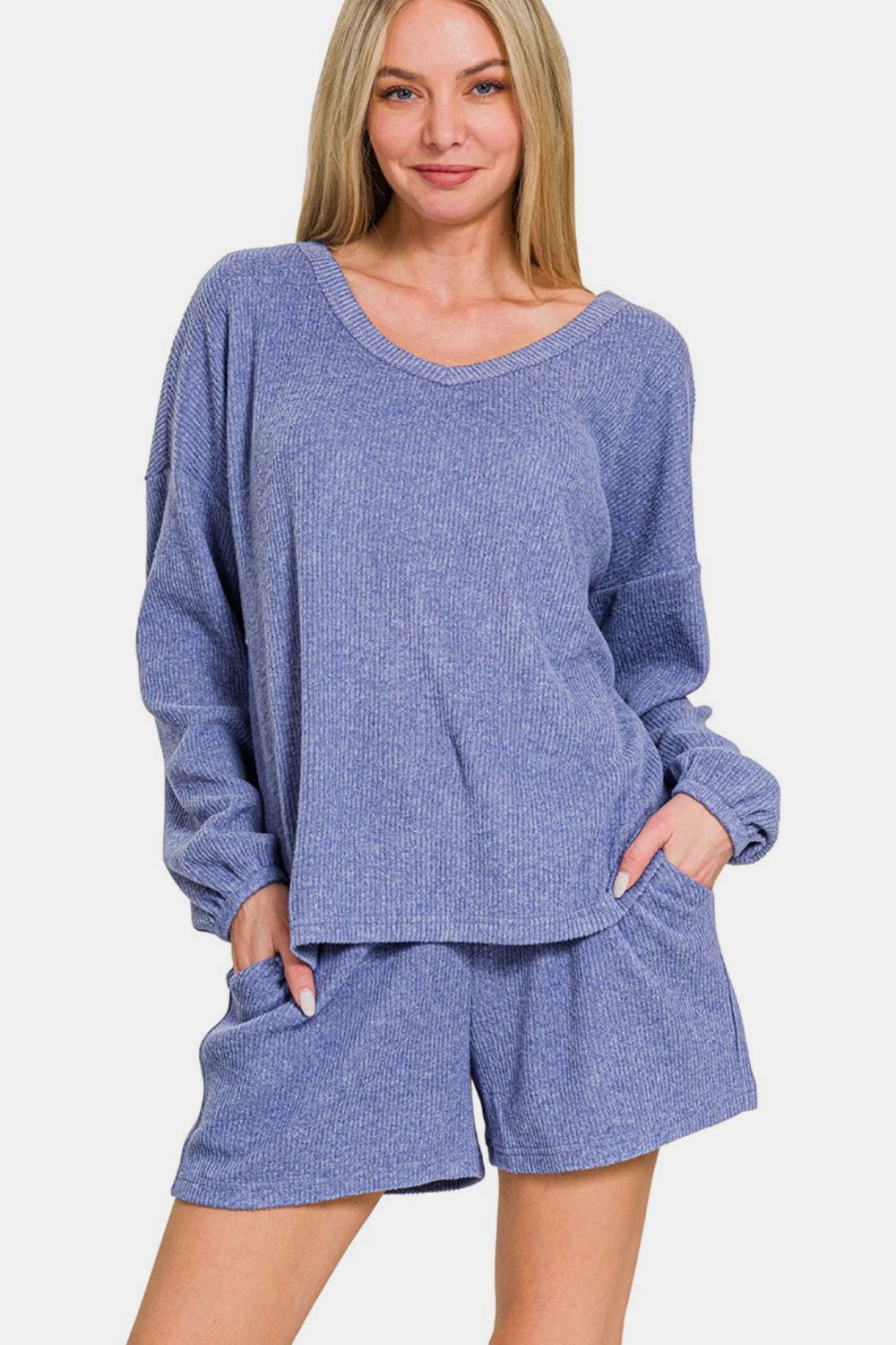 Zenana Long Sleeve Ribbed Top and Shorts Set in Blue Purple