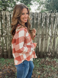 Clay Plaid Button Down Top