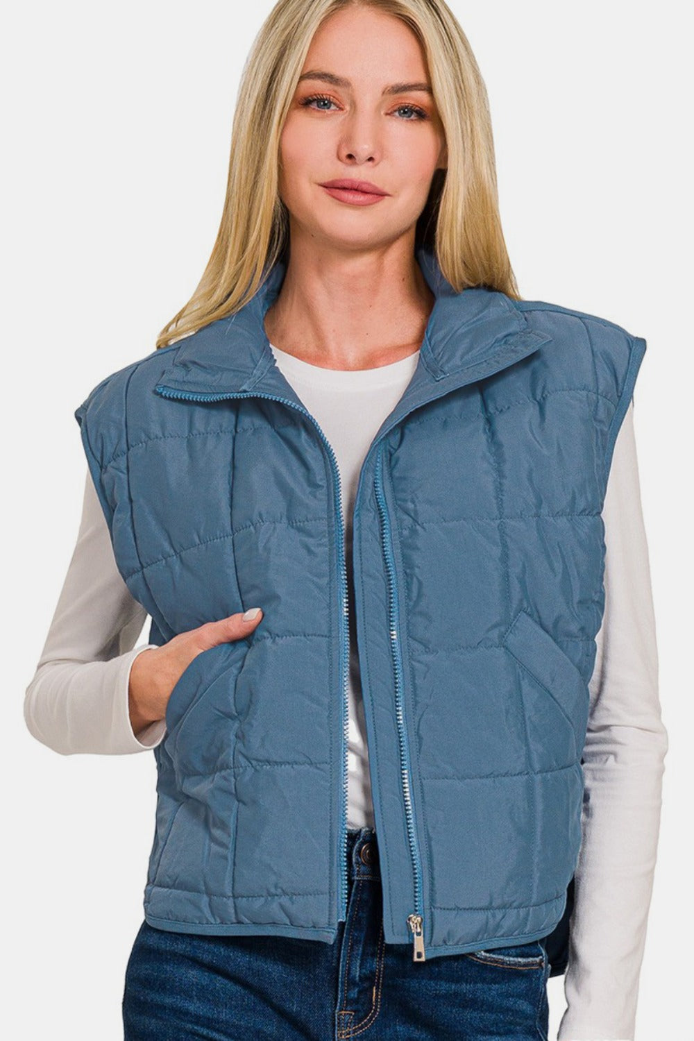 Zenana Puffer Vest in Dusty Blue