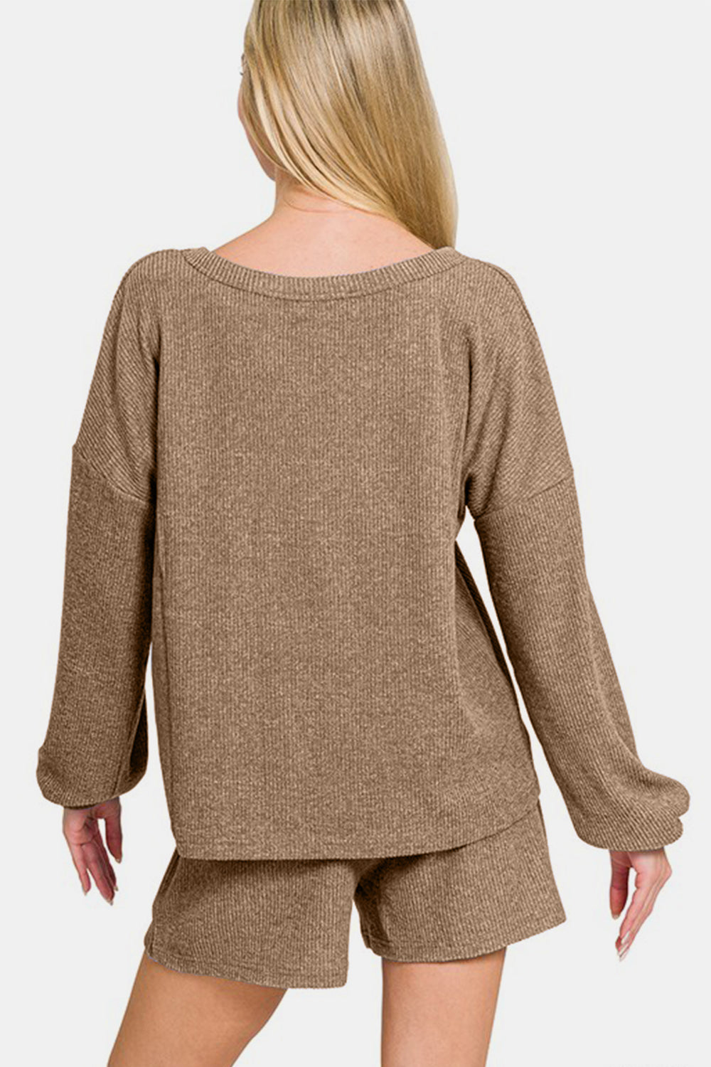 Zenana Long Sleeve Ribbed Top and Shorts Set in Camel